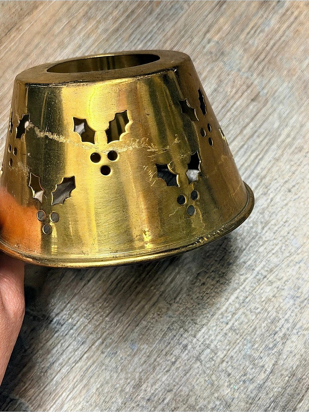 Vintage Pierced brass candle shade or votive lampshade holiday holly